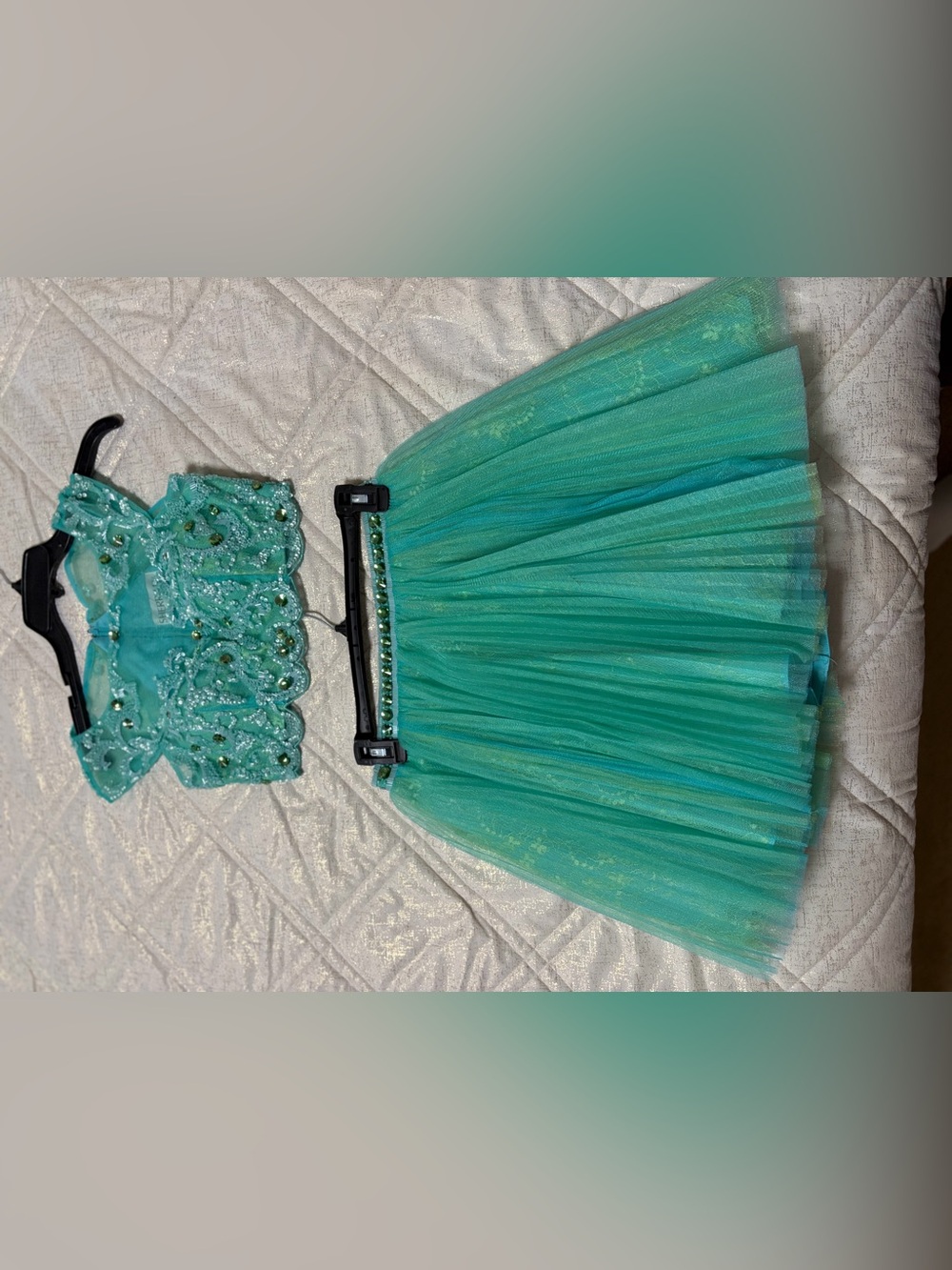 Sherri Hill Teal Sequined Tulle Two-Piece Dress Set